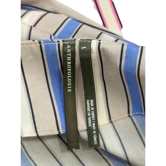 Anthropologie V-Neck Striped A-Line Mini Dress Elastic-Waist Cotton Women Size L - Picture 5 of 8